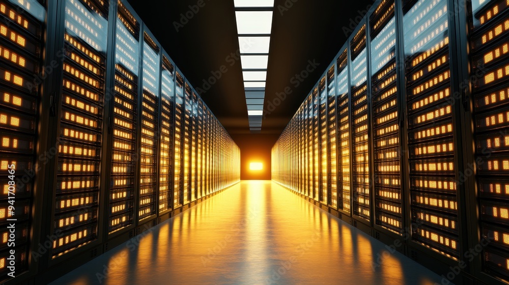 Leinwandbilder A modern data center with rows of server racks and a bright light at the end of the corridor, symbolizing technology and security.