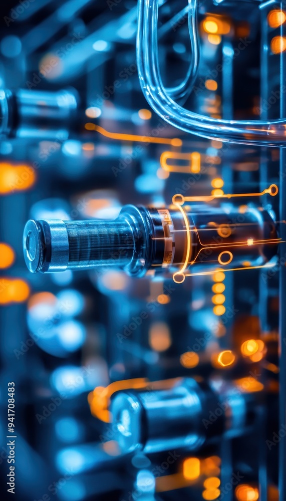 Poster a close-up view of futuristic technology circuitry with glowing blue and orange lights. suitable for