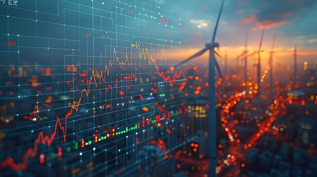 Stock market graph with wind turbines in the background, Conceptual image depicting the rise in energy prices, highlighting the increasing costs of energy and the shift towards sustainable alternative - Powered by Adobe
