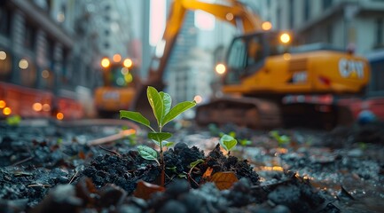 Green Building and Sustainable Development Concept, small plant sprouting from the ground in an urban environment, with construction machinery	