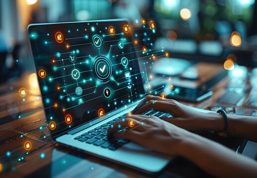 Digital marketing concept with hands typing on a laptop symbolizing the integration of AI technology for enhanced online advertising campaign management and business growth