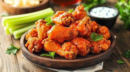 Fototapeta premium A platter of fried chicken wings coated in a spicy buffalo sauce, garnished with fresh celery sticks and blue cheese dip.