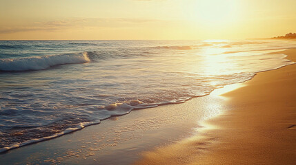 Obraz premium Tranquil Sunset at Seaside: Gentle Waves and Warm Glow on Sandy Beach.