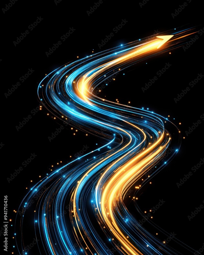 Poster dynamic abstract light trails in blue and gold against a black background, creating a sense of motio