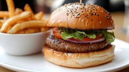 A close-up of a delicious burger on a white plate, with a bowl of crispy fries beside it, highlighting the textures and colors of the fresh ingredients and crispy side