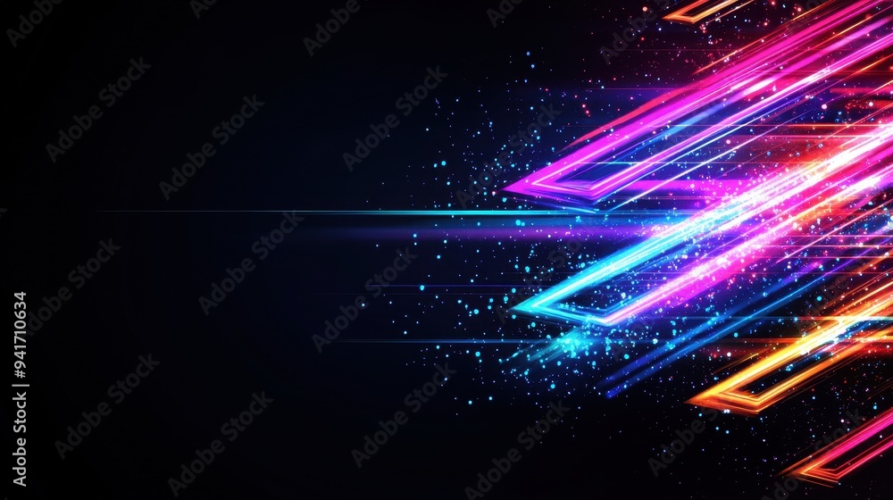 Poster Dynamic neon lights on a dark background with geometric patterns, creating a vibrant and futuristic abstract concept. Perfect for tech themes.