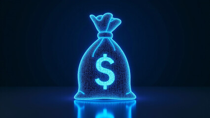 Digital Blue Money Bag With Dollar Icon Binary Code AI Financial Transactions Fraud Detection Algorithms Portfolio Management Personalized Financial Planning Services