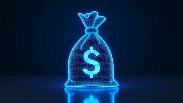 Digital Blue Money Bag With Dollar Icon Binary Code AI Financial Transactions Fraud Detection Algorithms Portfolio Management Personalized Financial Planning Services