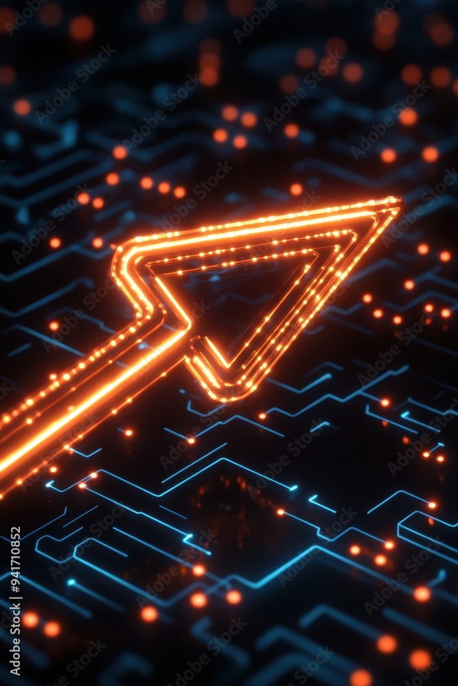 Aufkleber Futuristic glowing arrow emerging from a dark digital circuit board background, symbolizing direction and technology.