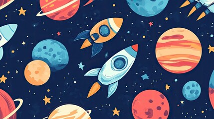 Whimsical vector background with cartoon space elements like rockets, planets, and stars, arranged in a seamless pattern