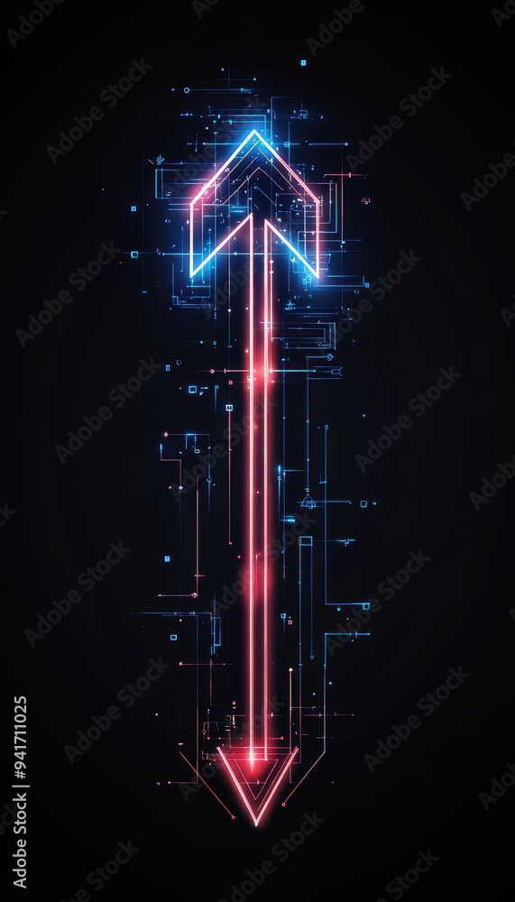 Poster futuristic glowing arrow in neon colors on a dark background with digital circuit patterns, symboliz
