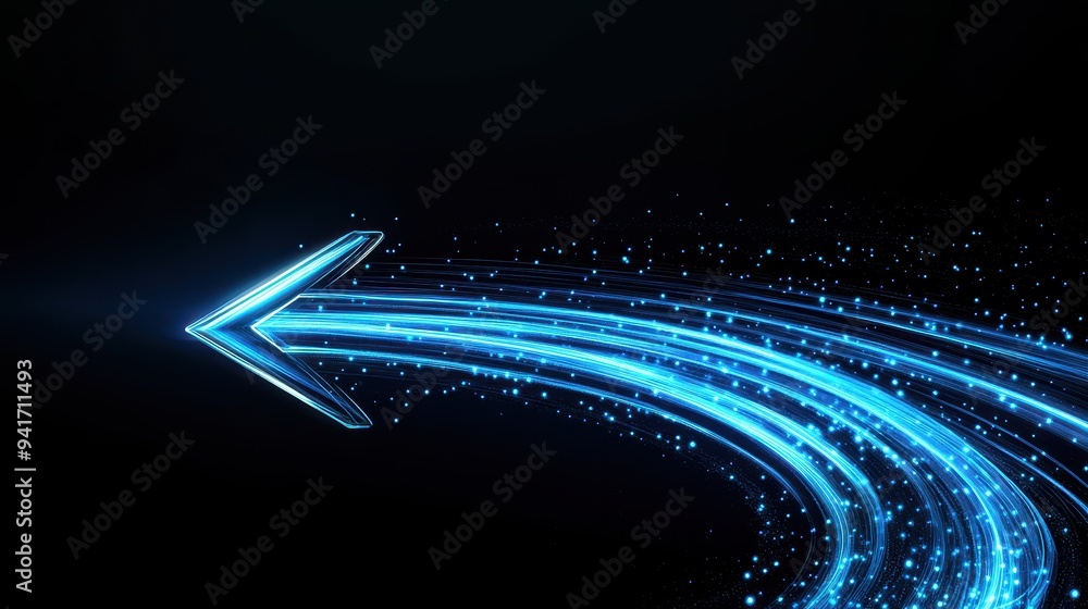 Leinwandbilder Glowing blue arrow with dynamic light trails curving to the left on a dark background, representing direction and movement.