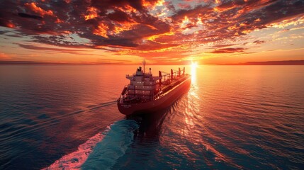 A massive cargo vessel navigates through calm waters