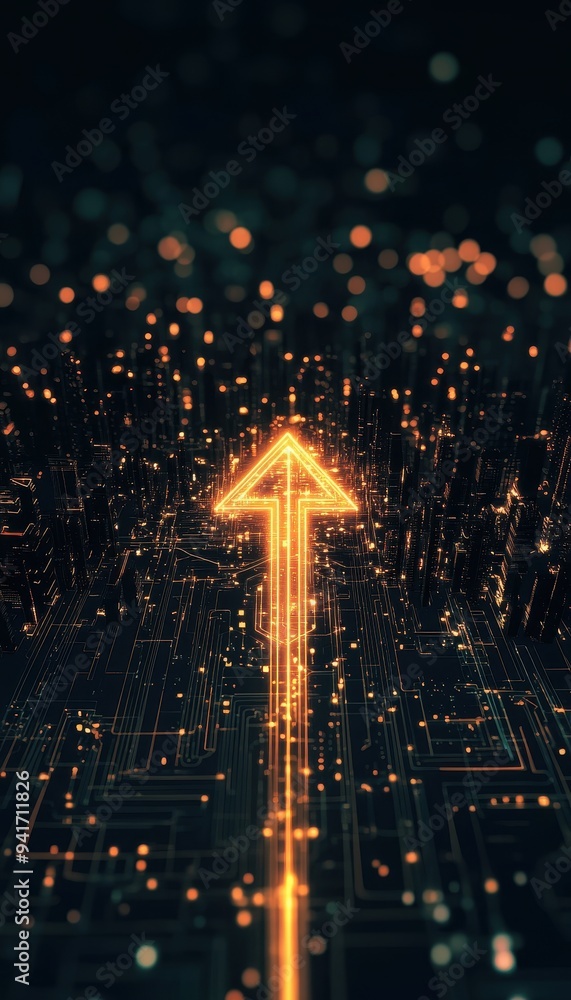Poster glowing orange arrow pointing upward through a digital matrix of lines and dots, symbolizing progres
