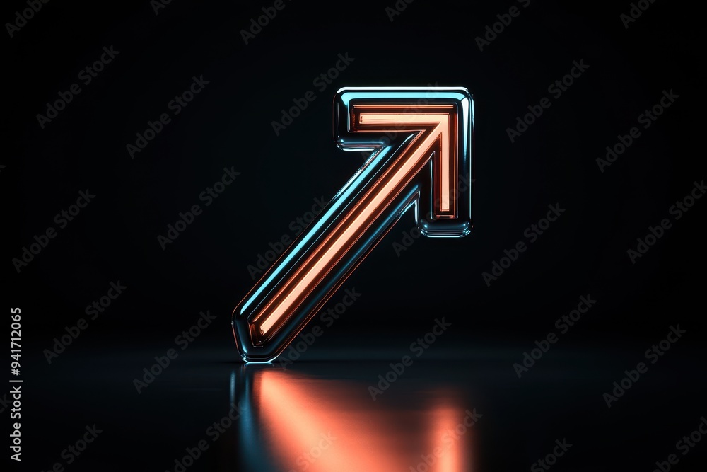 Poster illuminated 3d arrow pointing upward and right with reflection on dark background, emphasizing direc