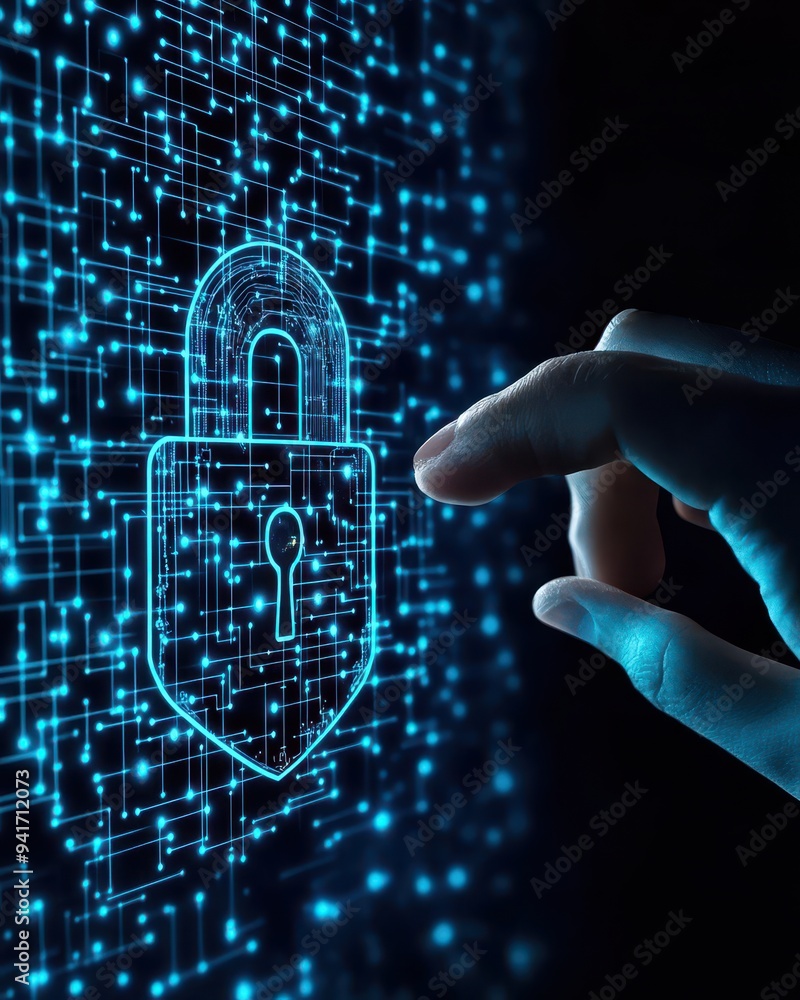 Aufkleber human hand interacting with digital lock icon on virtual screen representing cybersecurity, data pro