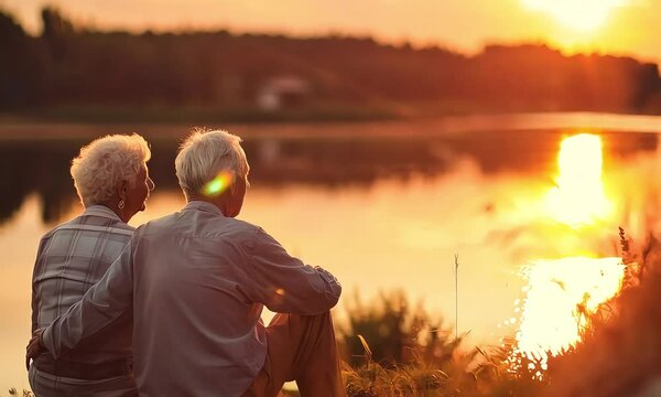 Elderly couple finds solace and romance in a breathtaking sunset by the lake, their love story illuminated by the warm glow of twilight. 