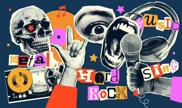 Hard rock set of halftone collage elements on the theme of metal singing, grunge music. Headphones, skull, hand with rock gesture and open lips. Trendy retro vector illustration