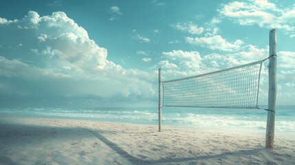 Beach volleyball net on a serene sandy shore