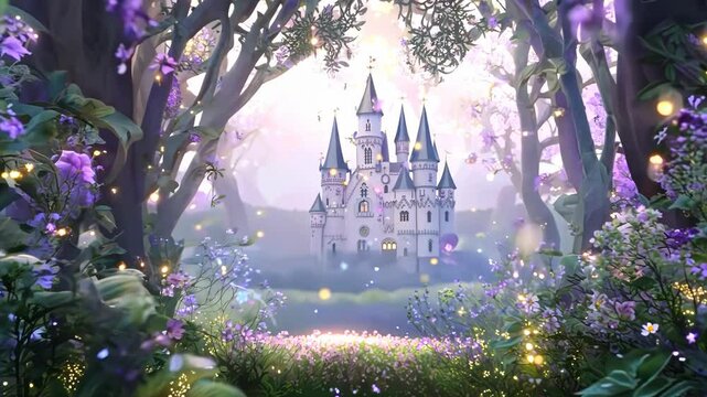 Dreamland Oasis, enchanting desert vista with a serene green lake, vibrant flowers, a mystical forest at night, twinkling lights, a majestic castle, and a vivid purple sunset sky.