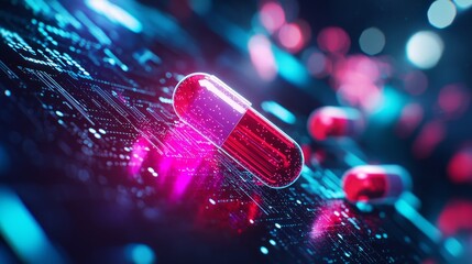 Sci-fi medication capsules, glowing holographic display, high-tech medical backdrop, 3D illustration, copy space for text