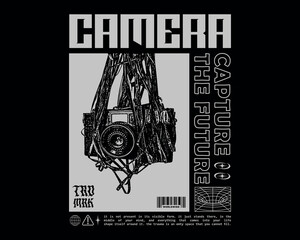 streetwear graphic of camera for screen printing, brutalism urban style for t shirt design