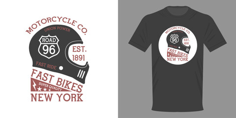 Vector illustration. Vintage MOTORCYCLE CLUB logo t-shirt. Retro minimalist fashion t-shirt design. Highest quality streetwear. FAST BIKES NEW YORK. Motorcycle shop with helmet on logo