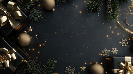 Merry Christmas and New Year. Festive composition. Beautiful dark Christmas design. Fir branches, shiny golden balls, confetti and baubles. Christmas background.
