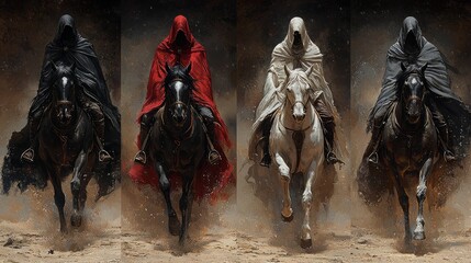 Four dark riders on horses in a dramatic fantasy scene