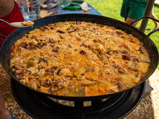 Freshly Cooked Spanish Paella in a Large Pan