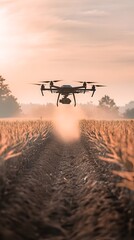 Dramatic photo of an organic farm with drones spraying non-toxic pesticides