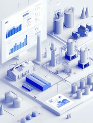 A 3D illustration of an industrial setup with data analytics and machinery.
