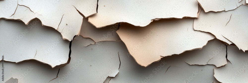 Poster close-up abstract texture of peeling paperbark tree bark, showcasing the intricate patterns and laye