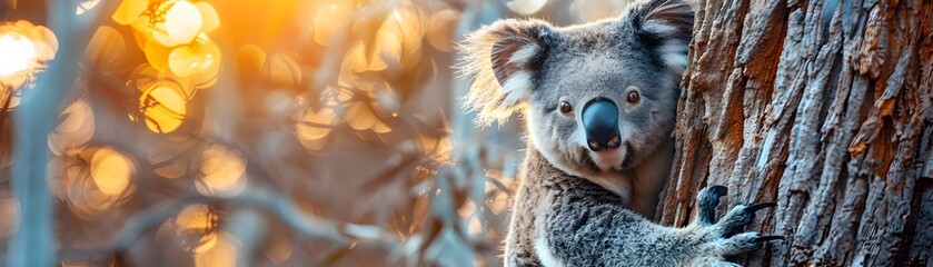 Obraz premium Gentle Koala Clinging to Eucalyptus Tree with Calm and Content Expression