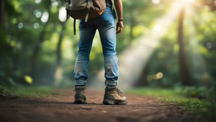 back view of a young man with backpack walking in the forest