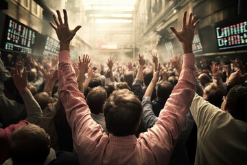 Fototapeta premium A large group of stock traders raising their hands simultaneously in a lively trading pit, reflecting the energy and urgency of high-pressure financial transactions in a bustling environment.
