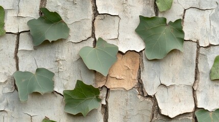 Close-up shot of a London Plane Tree bark texture with green vine leaves growing on it, creating a natural patchwork pattern. The tree bark has a distinctive mottled texture, while the leaves add a to