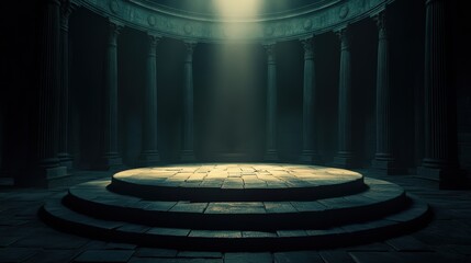 Circular ancient Greek stage with columns and stone flooring in a dim environment
