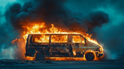 Burning van engulfed in flames with thick black smoke