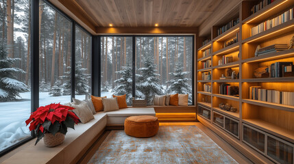 Christmas bookshelf background of interior home library study virtual room window view of forest trees. Fall winter snow. poinsettia holiday flowers. Online webinar presentation teams meeting backdrop