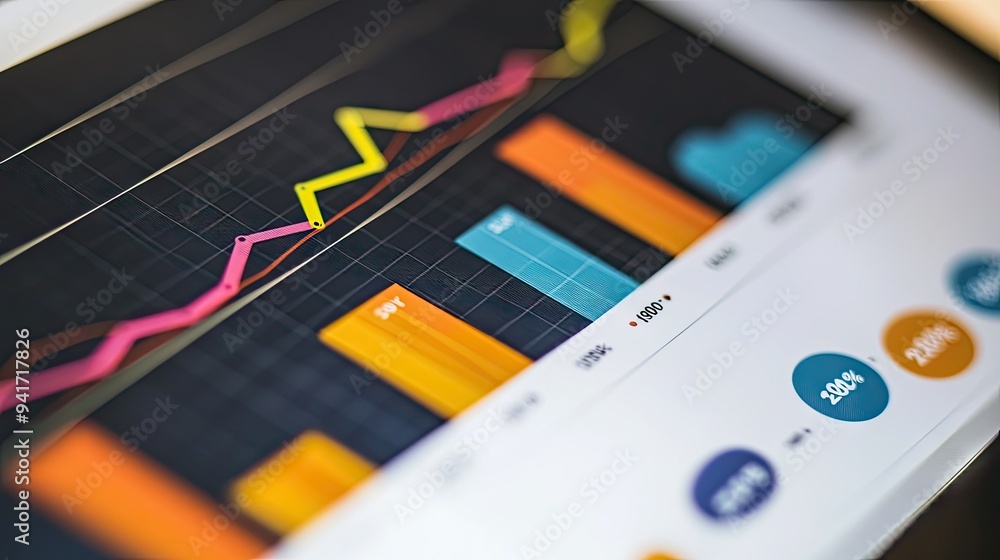 Poster a close-up of a business graph on a computer screen, showing detailed line charts and bar graphs wit