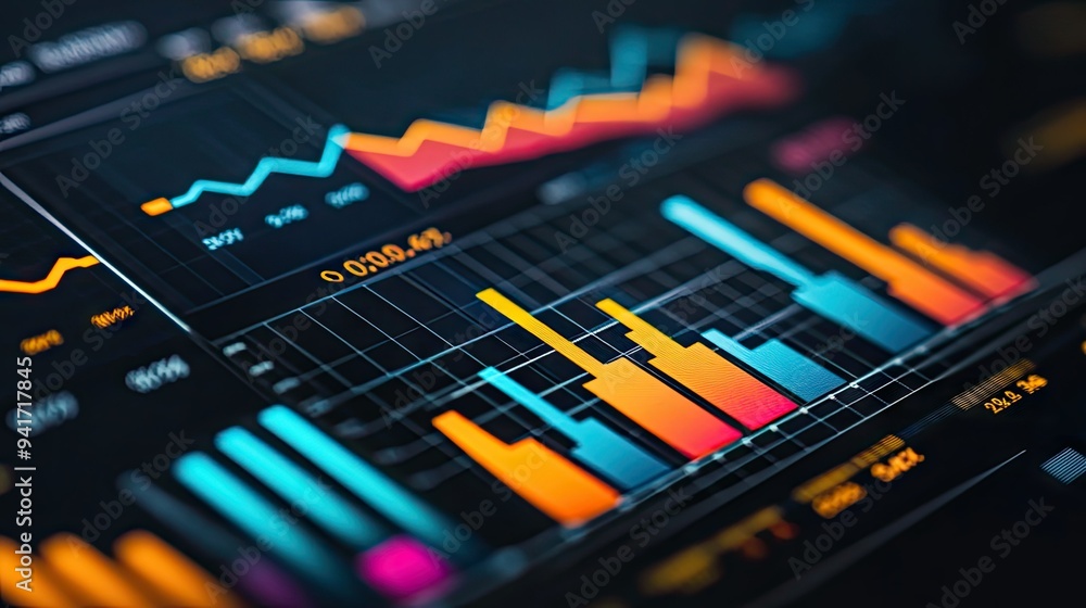 Poster a close-up of a business graph on a computer screen, showing detailed line charts and bar graphs wit