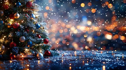 A Christmas tree dusted with snow, featuring icy blue and white baubles, glowing softly in a room bathed in cool-toned lights. The atmosphere is calm and serene, evoking a quiet snowy night,