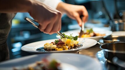 A close-up of a chef hands plating a dish, carefully arranging garnishes and sauces to enhance the visual appeal of the meal.