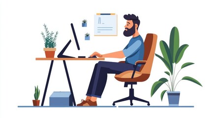 A man working at a modern desk, focused on a computer with plants around, representing productivity and remote work.