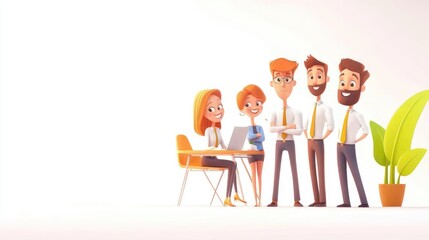 A cheerful team of professionals collaborating in a bright office setting. Showcases teamwork and creativity in a modern workspace.