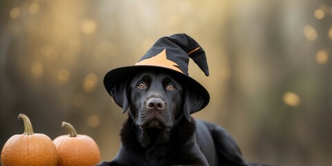 Black Labrador Retriever Wearing a Witch Hat.