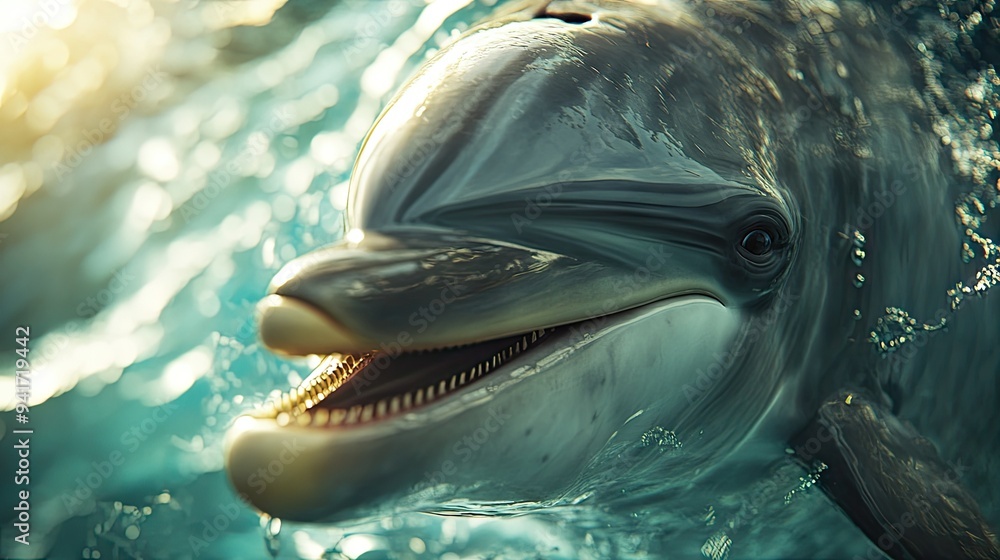 Poster a close-up of a dolphin's eye and mouth, showing its friendly and intelligent expression as it inter