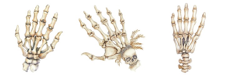 Fototapeta premium A gothic skeletal hand jewelry, watercolor illustration, macabre accessory, isolated on white background