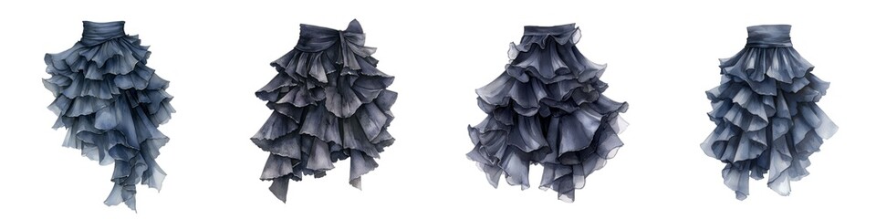 A gothic ruffled skirt, watercolor painting, layered dark fashion, isolated on white background